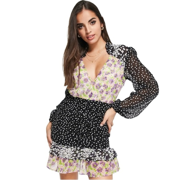 ASOS Floral Print Ruched Long Sleeves Mini Dress Size 2 - Picture 2 of 9